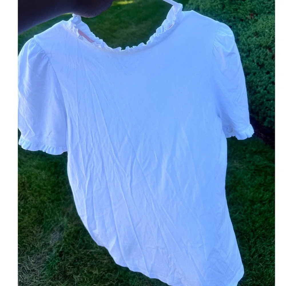 Boden Women's Supersoft Frill Detail Ruffle Neck Puff Sleeve T-shirt Sz 6 White